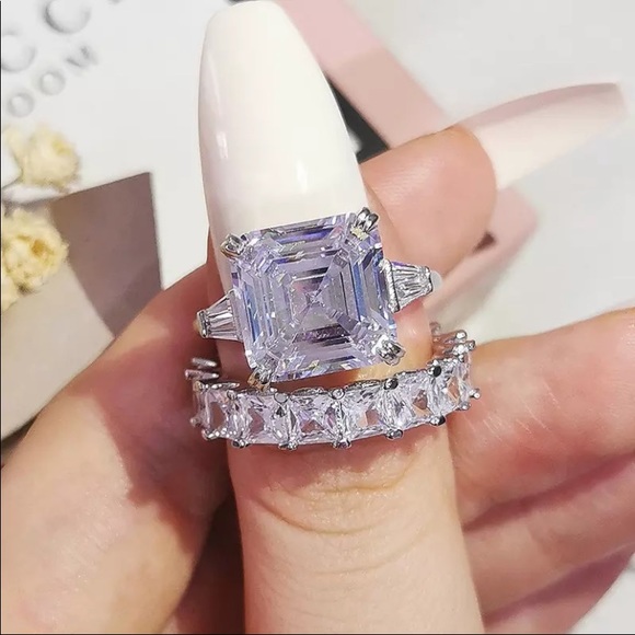 5.62-9.52Ct Three Stone Emerald Asscher White Sapphire Ring - Picture 12 of 15